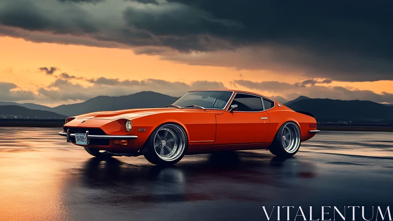 Sunset sprint: vintage orange coupé prowls wet runway.