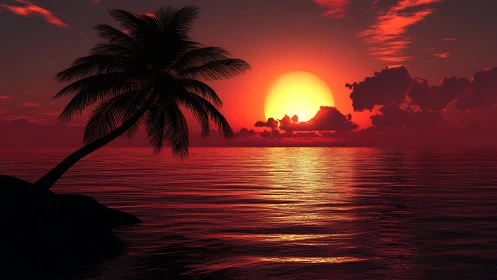 Digital painting of tropical palm silhouette at crimson sunset.