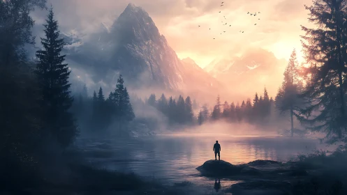 Solitary figure stands beside misty alpine lake at sunrise