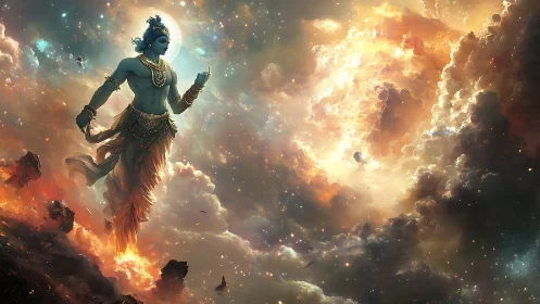 Celestial blue deity striding through radiant cosmic clouds.