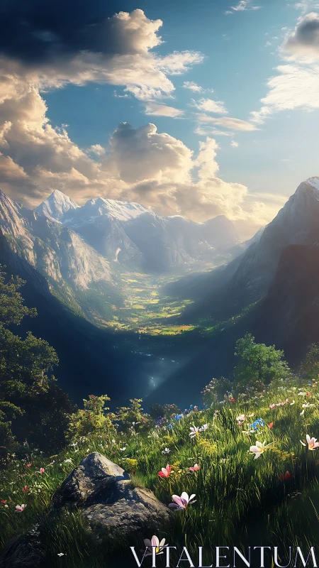 Sunlit alpine valley rendered in high-depth digital landscape