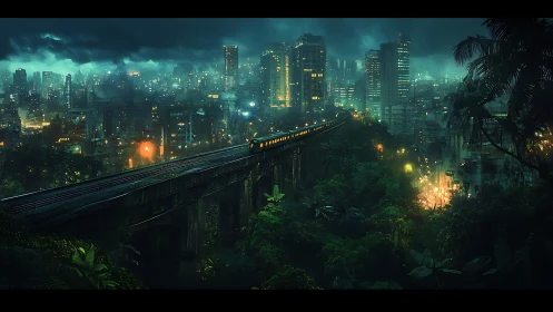 Neon train glides above a rain-soaked jungle megacity at night