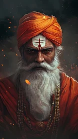 Embers orbit the sage whose gaze carves silence from fire