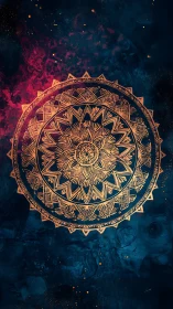 Geometric mandala pattern on dark textured abstract field.