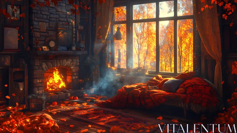 Autumn's Cozy Inferno: Firelit Sanctuary Wrapped in Golden Leaves.