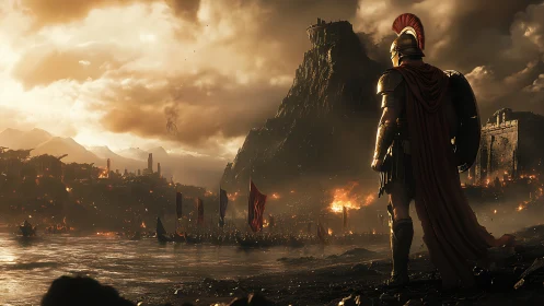 Armored warrior overlooks burning coastal city at dusk