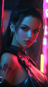Cyberpunk woman in neon lighting with leather outfit.