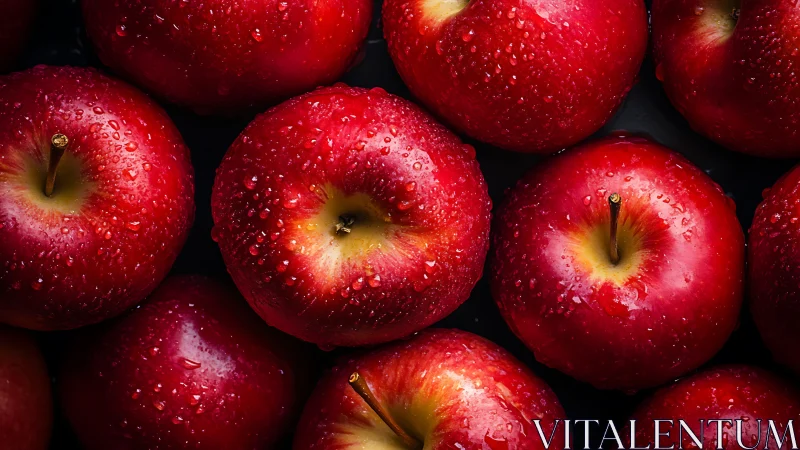 Water-dappled red apples fill tight high-contrast frame