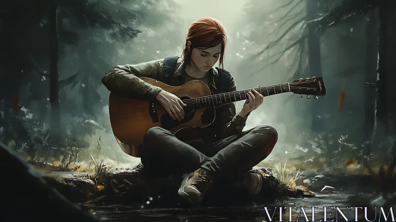 Guitarist rests in misty forest, lost in quiet melody.