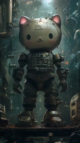 Courageous robot cat stands tall in a misty sci fi workshop
