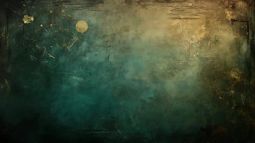 Textured abstract field shows teal to ochre gradient with marks