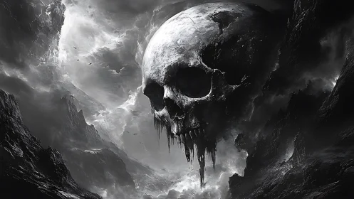 Skull-shaped stormfront brooding above abyssal cliffs.