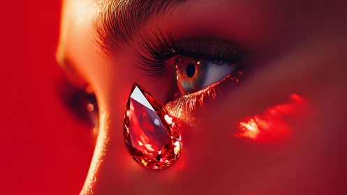 Crimson gemstone teardrop clings to a luminous watchful eye.