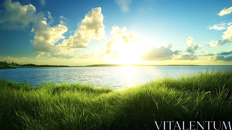 Sunlit waves whisper softly beneath glowing meadow skies