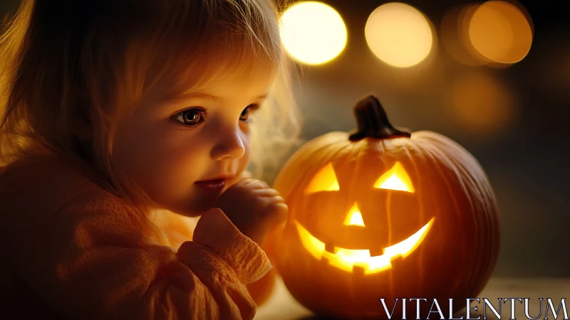 Child gazes at glowing jack-o-lantern pumpkin.