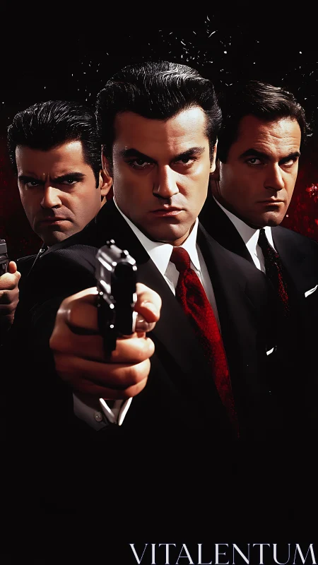 Sharp-suited mob enforcers confront the viewer at gunpoint.