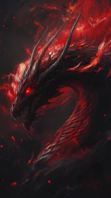 Fiery red dragon head emerging from dark swirling flames.
