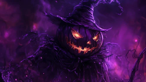 Spectral jack-o-lantern warlock amid luminescent violet haze.