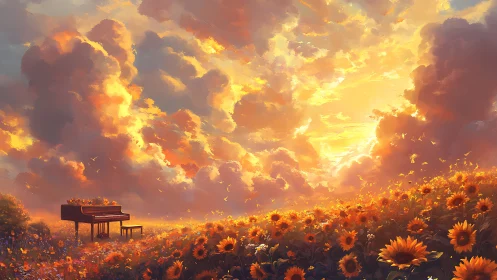 Sunlit grand piano in sunflower meadow under volumetric clouds