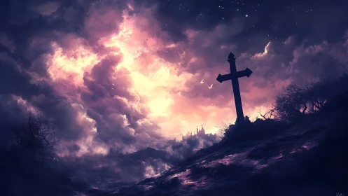 Lone hillside cross rises beneath a blazing ethereal sky