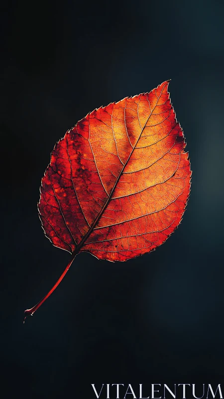 Autumn leaf glows with rim light against deep black void
