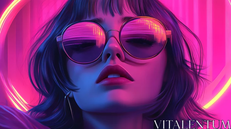 Neon-lit cyberpunk portrait with reflective chromatic lenses.