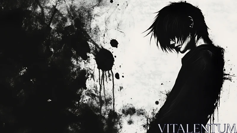 Ink-drowned loner bends into a storm of spreading silence.