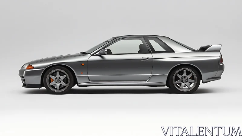 Profile view of grey two-door sports coupe on plain background.