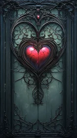 Dark ornamental frame contains glowing crimson heart with fractured surface.