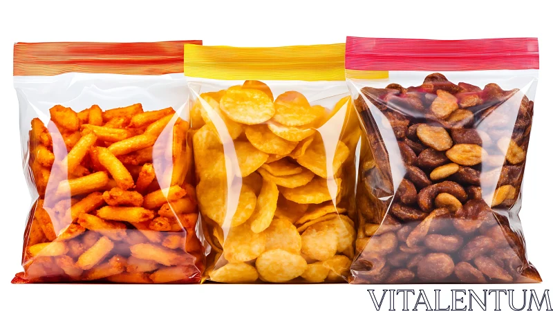 Three colorful plastic snack bags filled with crunchy treats.
