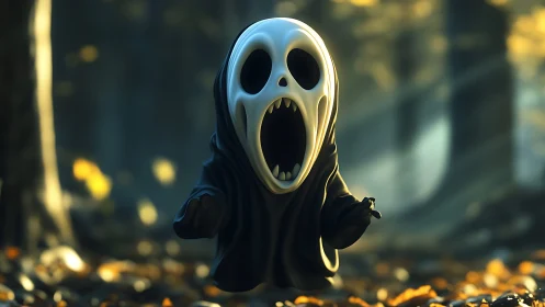 Tiny ghost figure screams within soft autumn forest glow.