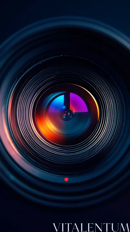 Iridescent camera lens closeup with neon concentric rings.