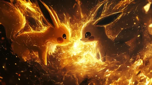 Twin electric fox spirits clash in a storm of molten starlight.