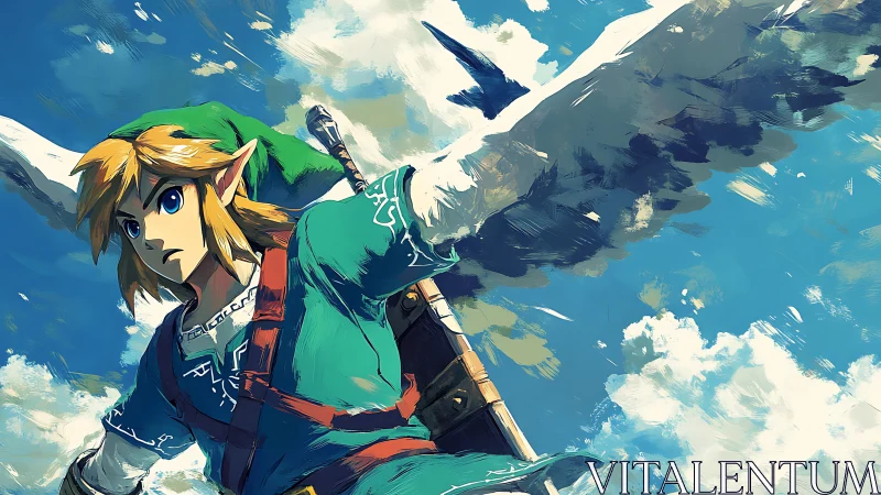 Elf-eared swordsman against sky with stylized bird wings.