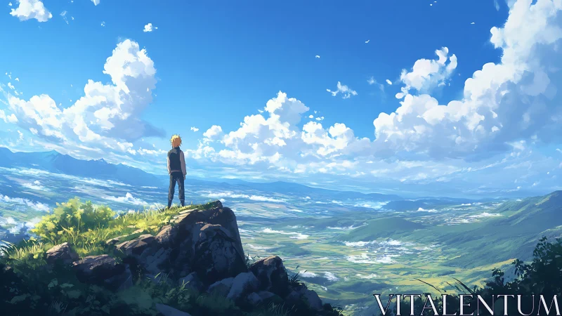 Anime panoramic landscape with solitary figure on cliff edge.