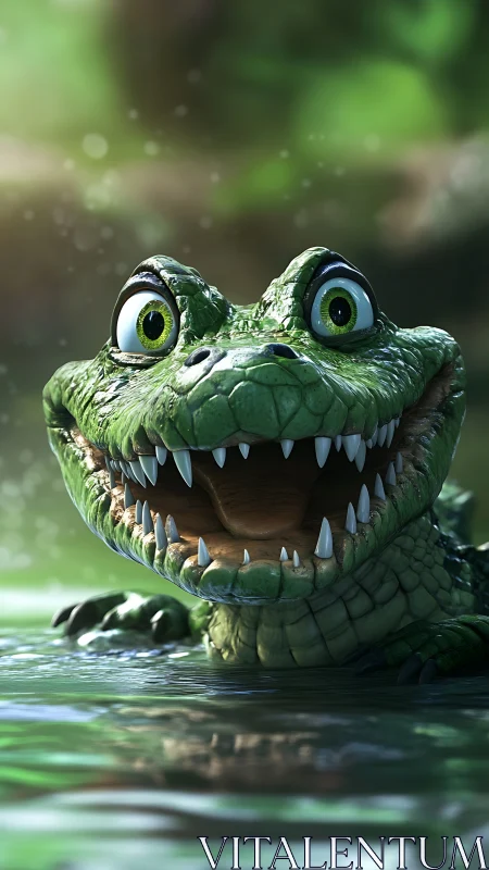 Gleeful swamp crocodile grinning with outrageous cartoon teeth.