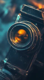 Vintage camera lens glows with warm cinematic light.