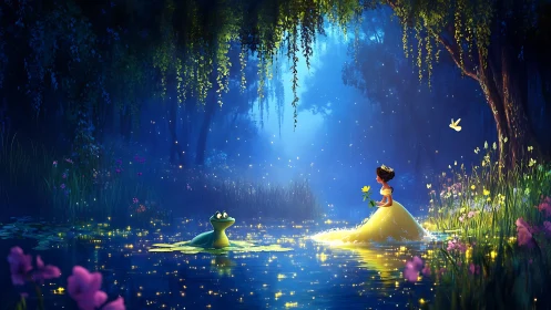Digital painting of princess and frog in luminous forest lagoon.