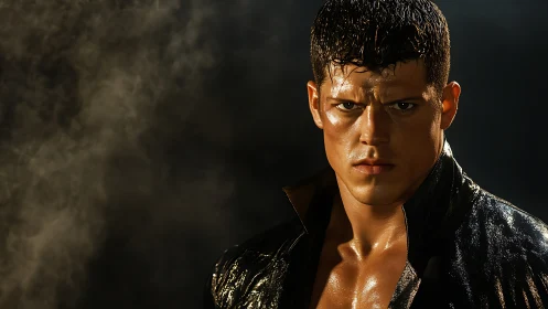 Male subject in wet jacket under directional studio light.