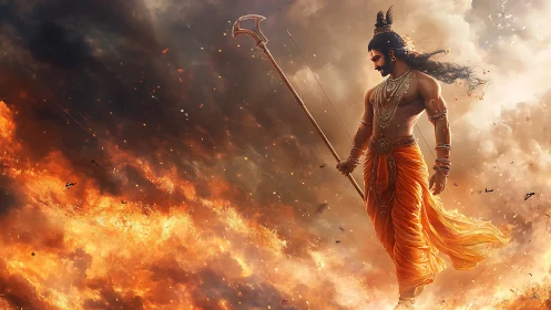 Divine warrior strides through firelit storm in heroic calm