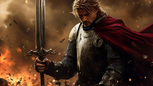 Armored warrior with greatsword stands amid fiery battlefield