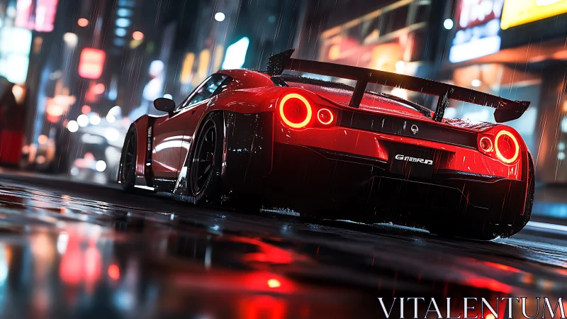 Red supercar under neon rain on wet city street at night.