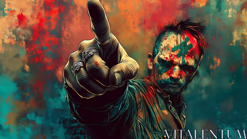 Neon-scarred rebel points through chaos-drenched color storm.