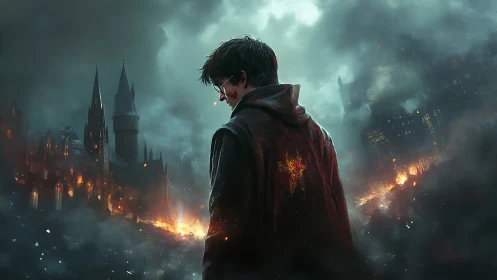 Solitary cloaked figure before burning gothic cityscape.