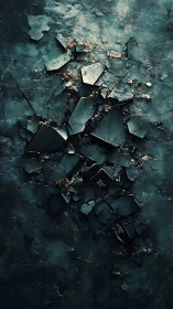 Shattered dark glass rests softly on a textured teal floor
