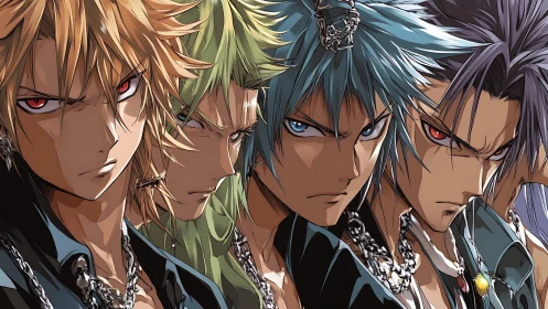 Intense anime warriors lined in dramatic close-up profiles.