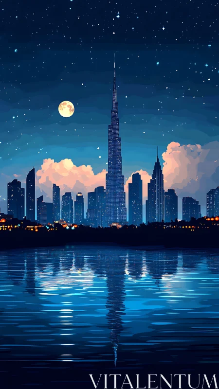 Night city skyline reflects in calm water under starry sky