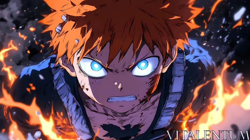 Intense anime hero with blue eyes amid rising flames.