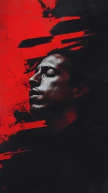 Digital painting portrait with red kinetic streak abstraction.