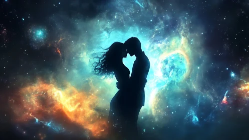 Silhouetted figures positioned centrally against luminous cosmic backdrop.